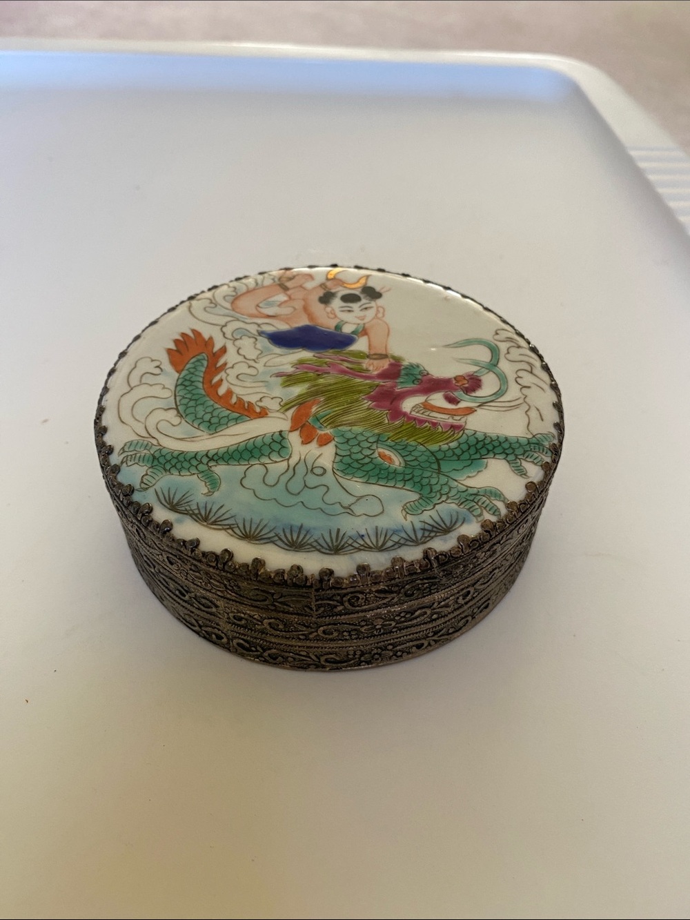 Vintage Asian Hand Painted Porcelain Shard Top Silver Tone Round Trinket Box